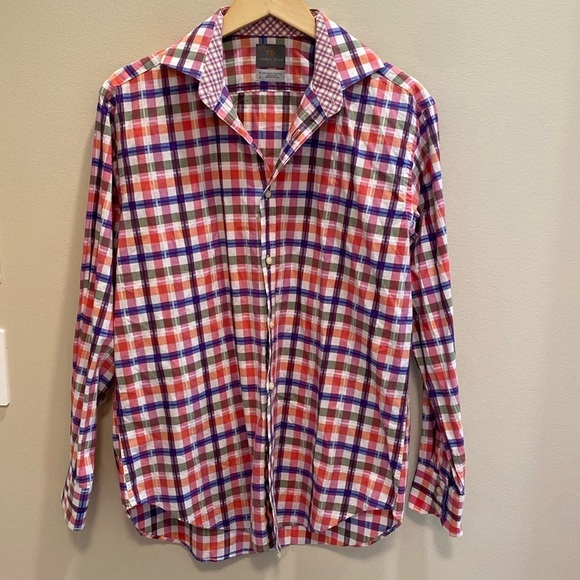Thomas Dean Plaid Button Down Pima Cotton L/S Shirt Contrasting Cuffs Size M - Picture 1 of 8